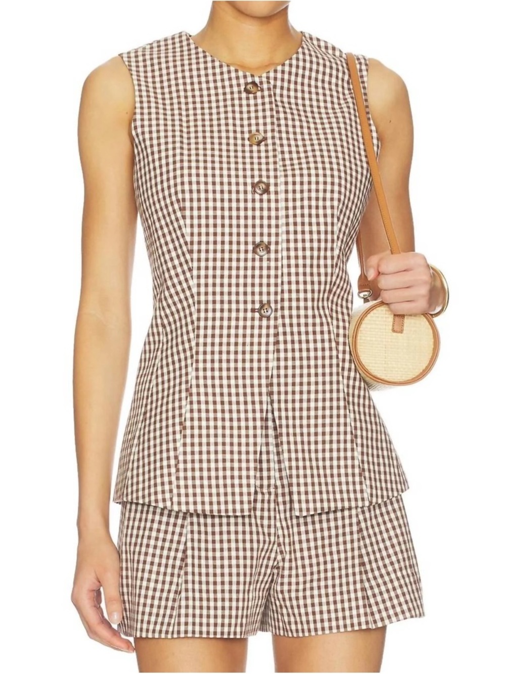 Astr Karan Brown Gingham Sleeveless Button-Front Vest